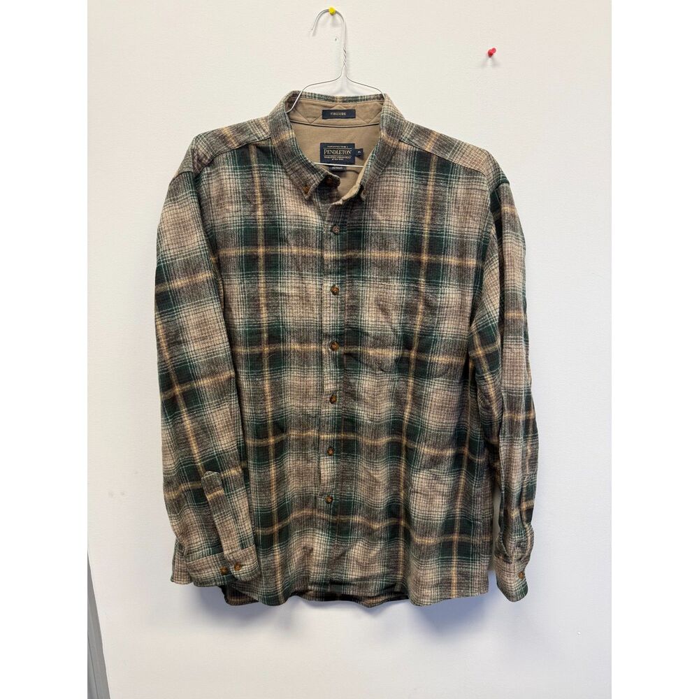 Pendleton Fireside Flannel Wool Shirt Mens XL Green Brown Plaid Button Down